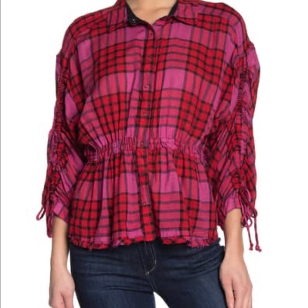 Free People Pacific Down Red Pink Plaid blouse XS